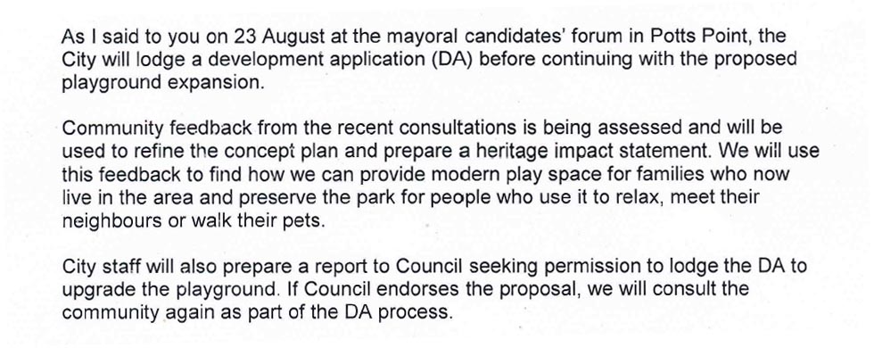 Clover Moore letter promises DA for Fitzroy Playground redevelopment (image)