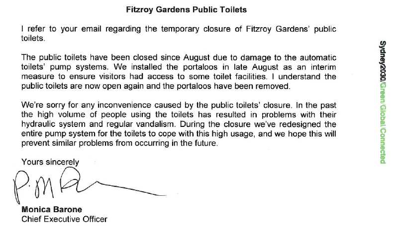Sydney Council reply re broken toilets, Oct 2013 (image)