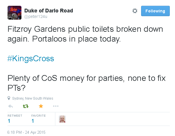 Tweet re Fitzroy Gardens toilets broken - 24 April 2015