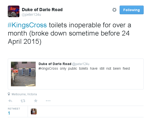 Tweet re toilets still broken in Fitzroy Gardens - 26 May 2105 (image)