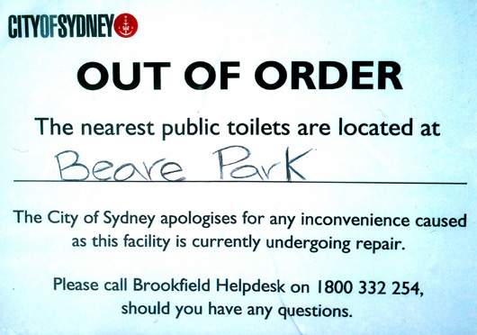 Fitzroy Gardens toilet out of order sign (image)